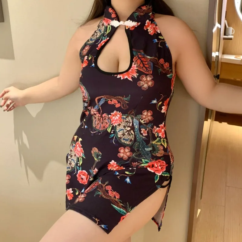 

Сексуальное женское белье размера плюс, Cheongsam, женское платье с открытой грудью и принтом, традиционное китайское платье Ципао, облегающая униформа для ночного клуба
