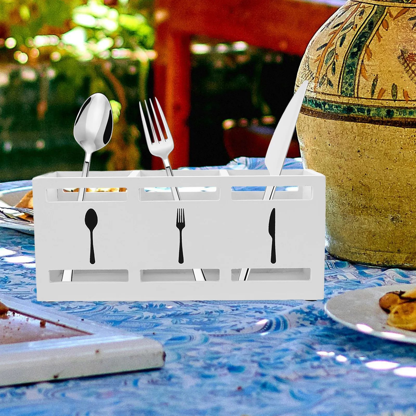 

Elegant Wooden Cutlery Organizer 3 Section Silverware Holder Countertop Knife Fork Spoon Storage Box Kitchen Utensil Container