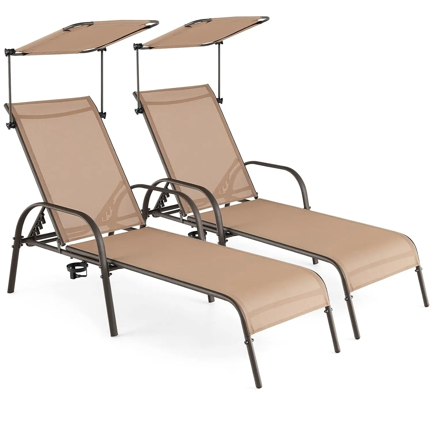 Adjustable Canopy Chaise Lounge Chair Cupholder 5-Level Backrest Metal Frame Sunbathing Lounger Poolside Yard, Customized