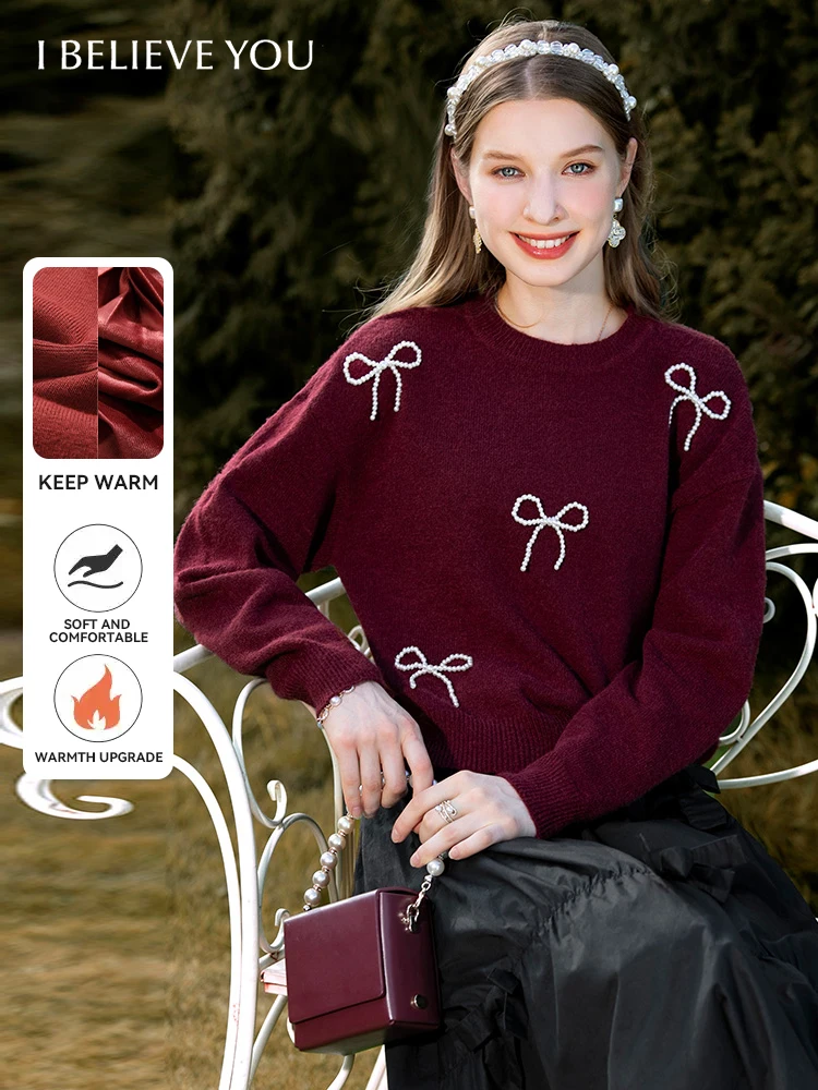 I BELIEVE YOU Christmas Sweater Woman Winter 2024 Casual Pullover Long Sleeve Knitted Tops Pearls Bow Y2k Clothes 2224144534