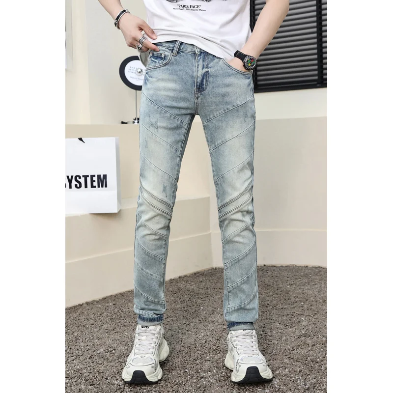 Fashion jeans men2024new trendy unique Stretch Slim high-end retro washed splicing machine long pants