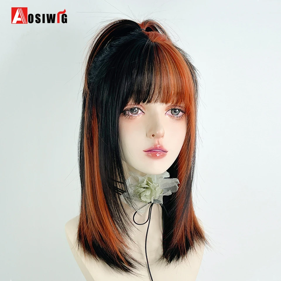 Synthetic Short Straight Hair Black dirty orange bangs highlight dyed Wigs Lolita Cosplay Hair Wig For Women Y2K daily color pun