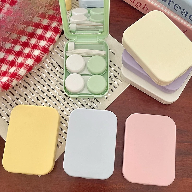 1PC Square Solid Color Portable Contact Lens Case Travel Soaking Storage Box with Holder Fashion Eye Care Accessory