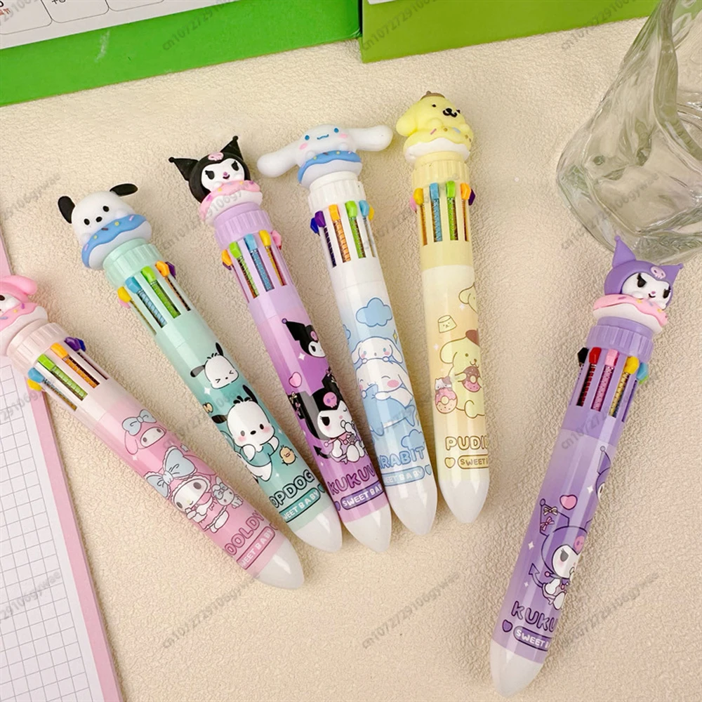 MINISO Sanrio 10 Color Ballpoint Pen Cinnamoroll Kuromi Kawaii Stationery Pen Novel Cute Student Writing Gel Pen Office Supplies