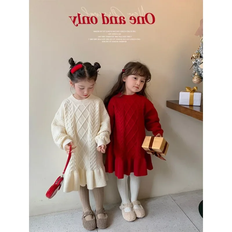 Girls Korean Style Knitted Dress 2023 Winter New Fashionable Thickened Princess Solid Color Casual Simple Princess Dress