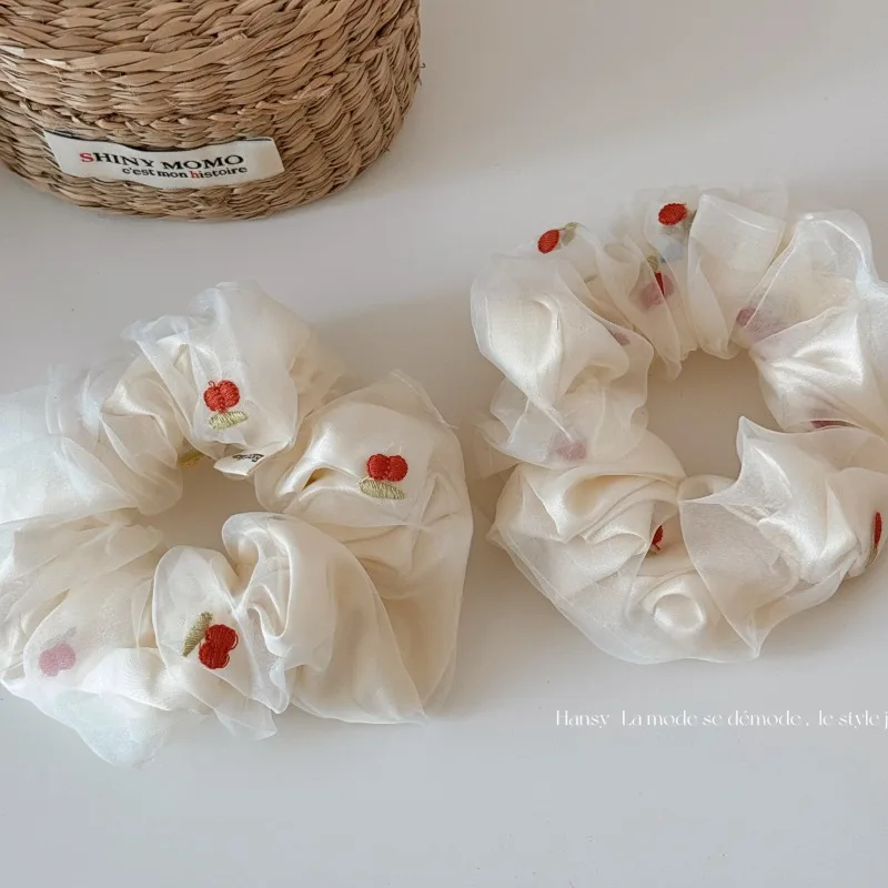 

Elastic hair bands off white background mesh cherry large intestine hair band sweet girl hair accessories