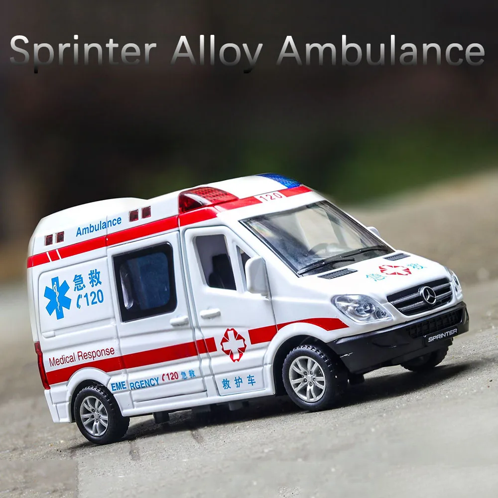 1:32 Sprinter Alloy Ambulance Toy Diecast Model Police Car 5 Doors Opened Sound Light Pull Back Miniature Models Children's Gift