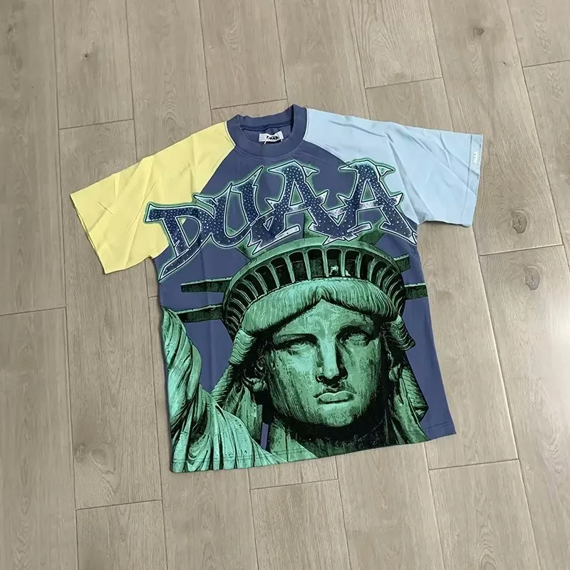 New Men Duaa Washed Rhinestone Statue of Liberty T Shirts T-Shirt Hip Hop Skateboard Street Cotton T-Shirts Tee Top US size A255