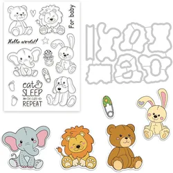 1Set People Doll Cut Dies and Clear Stamp Set Bunny Dog Elephant Bear Embossing Template and Silicone Stamp for Card Scrapbook