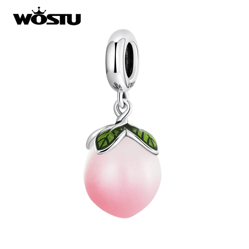 WOSTU 925 Sterling Silver Glass Fruit Pink Peach Leaf Charm Bead Pendant Fit Original Bracelet Necklace For Women Jewelry C2177