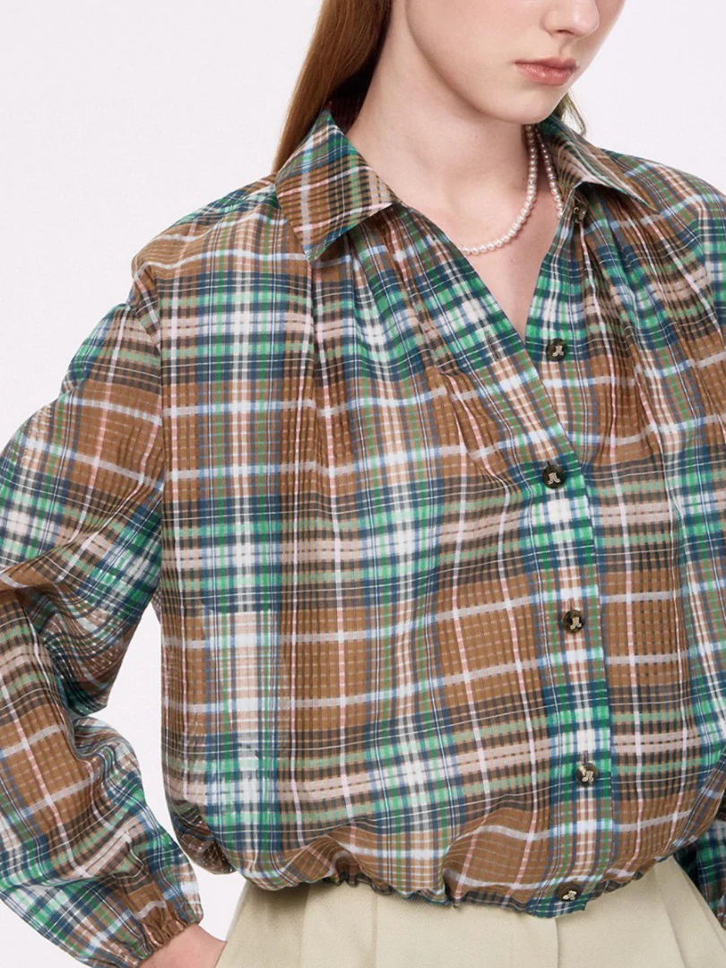 

Loose Long Sve irt Women's Korean Sle Printed Collar Commute Faion Dstring Hem Plaid Pattern Casual Blouse
