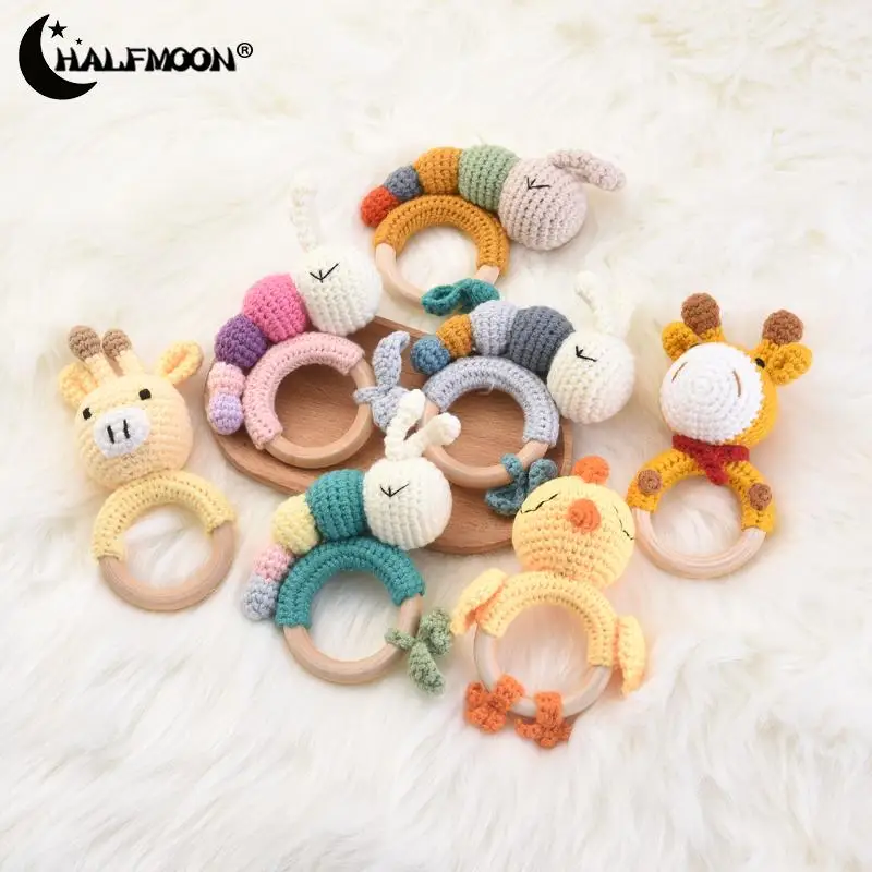 1Pcs Baby Teething Toys Wooden Teether Round Ring Bracelet Handmade Cotton Knitting Animal Caterpillar Deer Baby Rattles Gifts