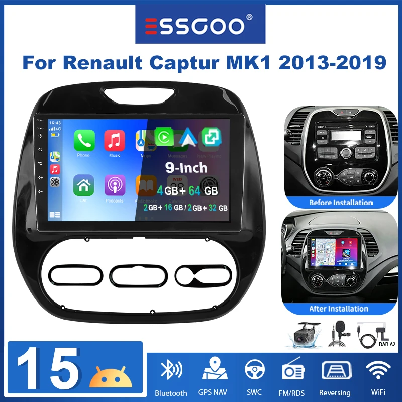 Essgoo 9" 2 DIN 2+16G/2+32G/4+64G Android 15 Autoradio mit Wireless Carplay Android Auto für Renault Kaptur Captur 2013-2019 Auto-Multimedia GPS Navi RDS FM WIFI Bluetooth Mirror Link Lenkradsteuerung