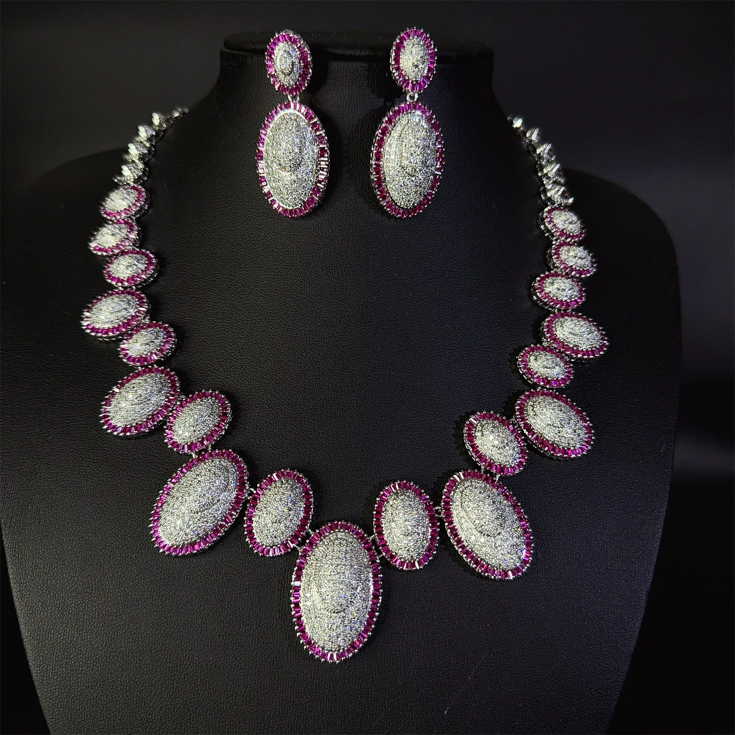 Silver Plated Oval Pave CZ Jewelry Set for Women Multi Color Halo Zircon Necklace Earrings Wedding Banquet Statement Jewelry
