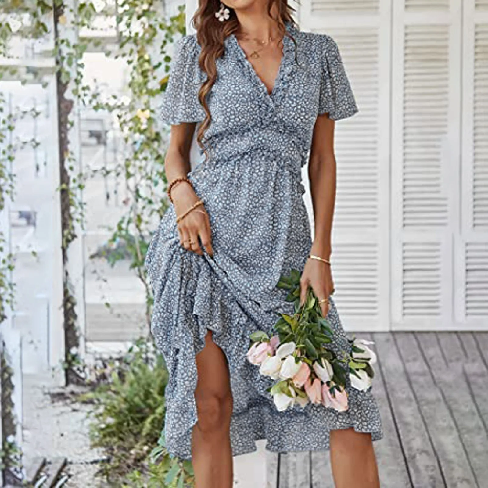 

Ladies Vintage Print Chiffon Dress Women Casual Ruffles Bohemian Party Beach Summer Dress Women Sundress Female Vestidos