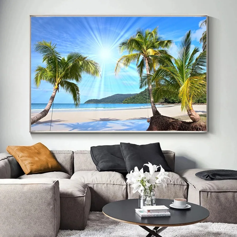 Seaview Beach Landscape Canvas Paintings Coco Nut Tree Pictures Tropical Palm Plants Wall Art Poster Scenery for Home Decor