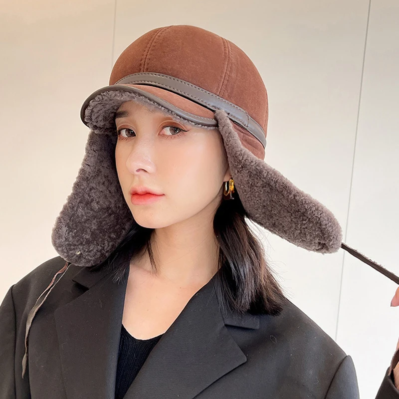 New High Quality 2024 Winter Leather Hat Lady Fur Lambswool Warm Thick Ear Flaps Bomber Hats Women's Baseball Cap Russian caps