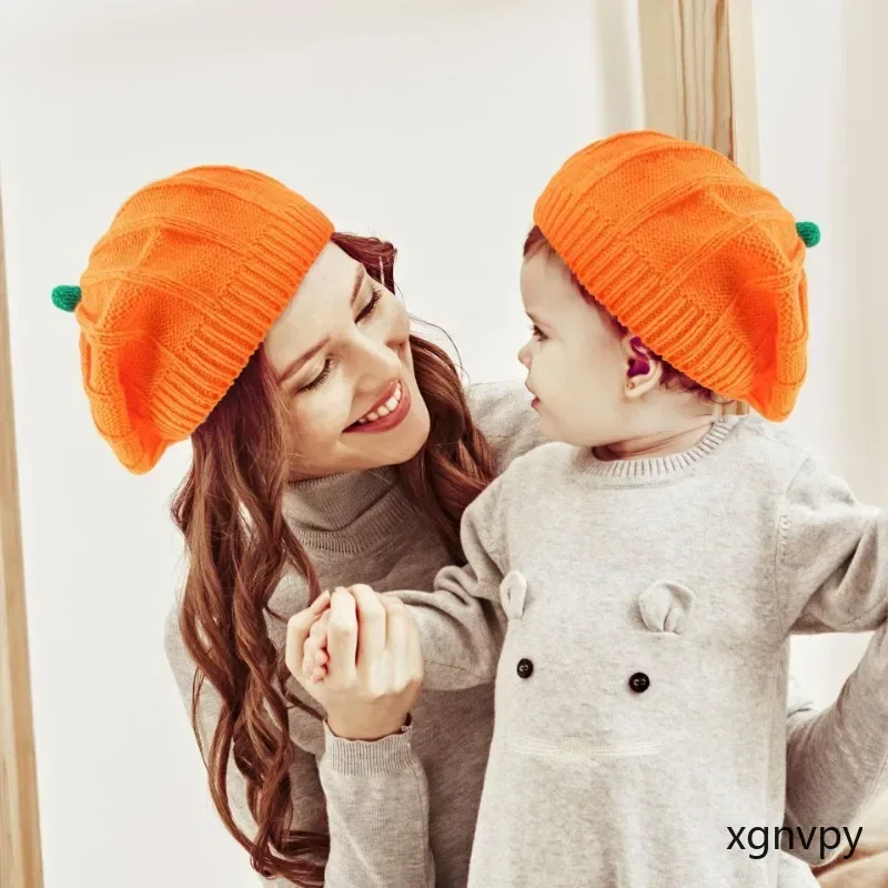 xgnvpy Pumpkin Beret Hat 2024 Halloween Thanksgiving Autumn Winter Parent Child Knitted Warm Belle Christmas Party Hat