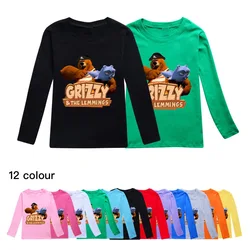 Grizzy and Lemmings T Shirt Children's Cartoon Clothing Kids Pure Cotton T-shirt Little Girls Long Sleeve Tops Boys Sweatshirts