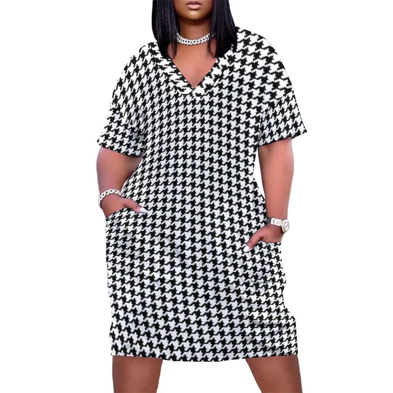 

Houndstooth Loose Pocket Dress evening dresses ladies Women"s summer dresses