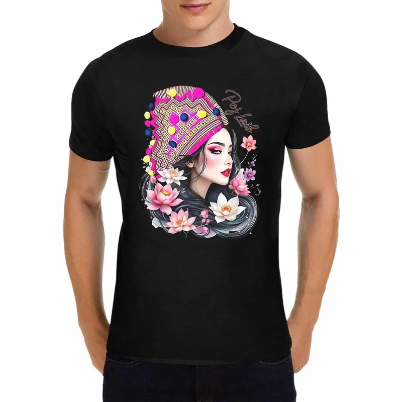 

Men's Black Crew Neck T-Shirt Woman with Floral Hat Design T-Shirt WHX 180g