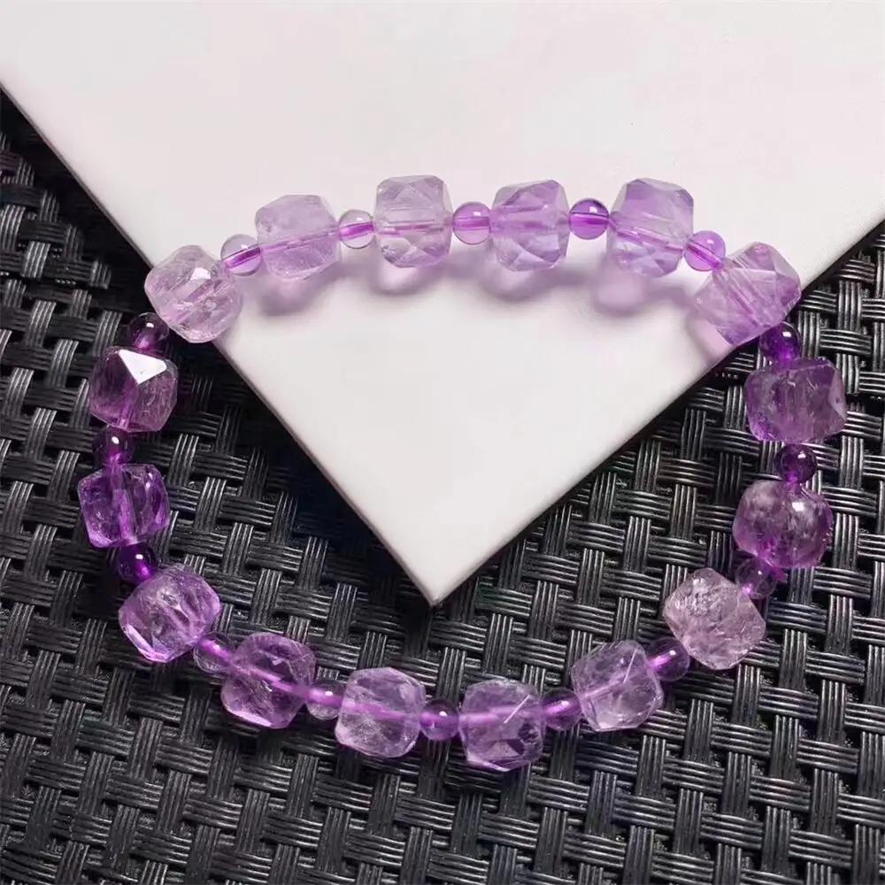 8MM Natural Faceted Amethyst Cube Bracelet Women Reiki Healing Energy Stone Stretch Hand Bangles Jewelry 1PCS