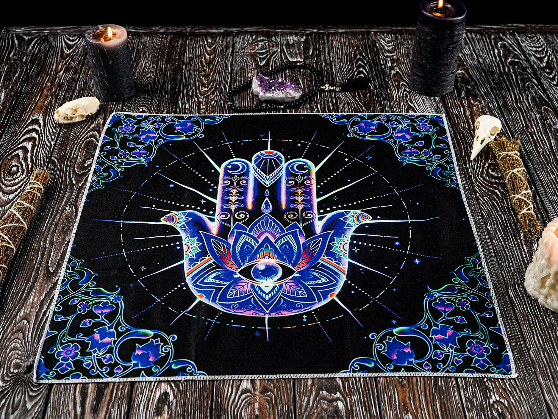 1PC Boho Hamsa Hand Moon Phase Tarot Altar tablecloth , Mandala Witchcraft Table Cover for Pagan Ritual Decor