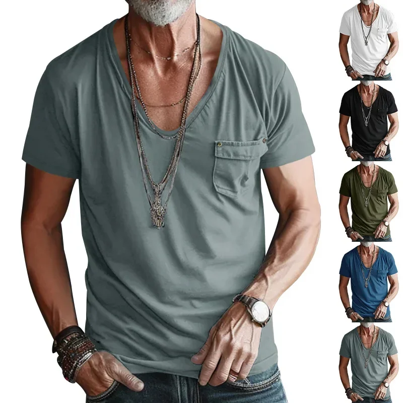 

Cross-border Men's T-shirt Clothing Men's U-neck Solid Color Large Size Casual Short Sleeves Men Clothing T Shirt for Men