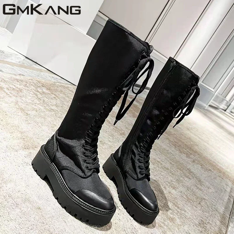 New Arrival gruba podeszwa buty motocyklowe damskie czarne sznurowane długie buty kobieta z okrągłym noskiem płaskie buty damskie buty do kolan na