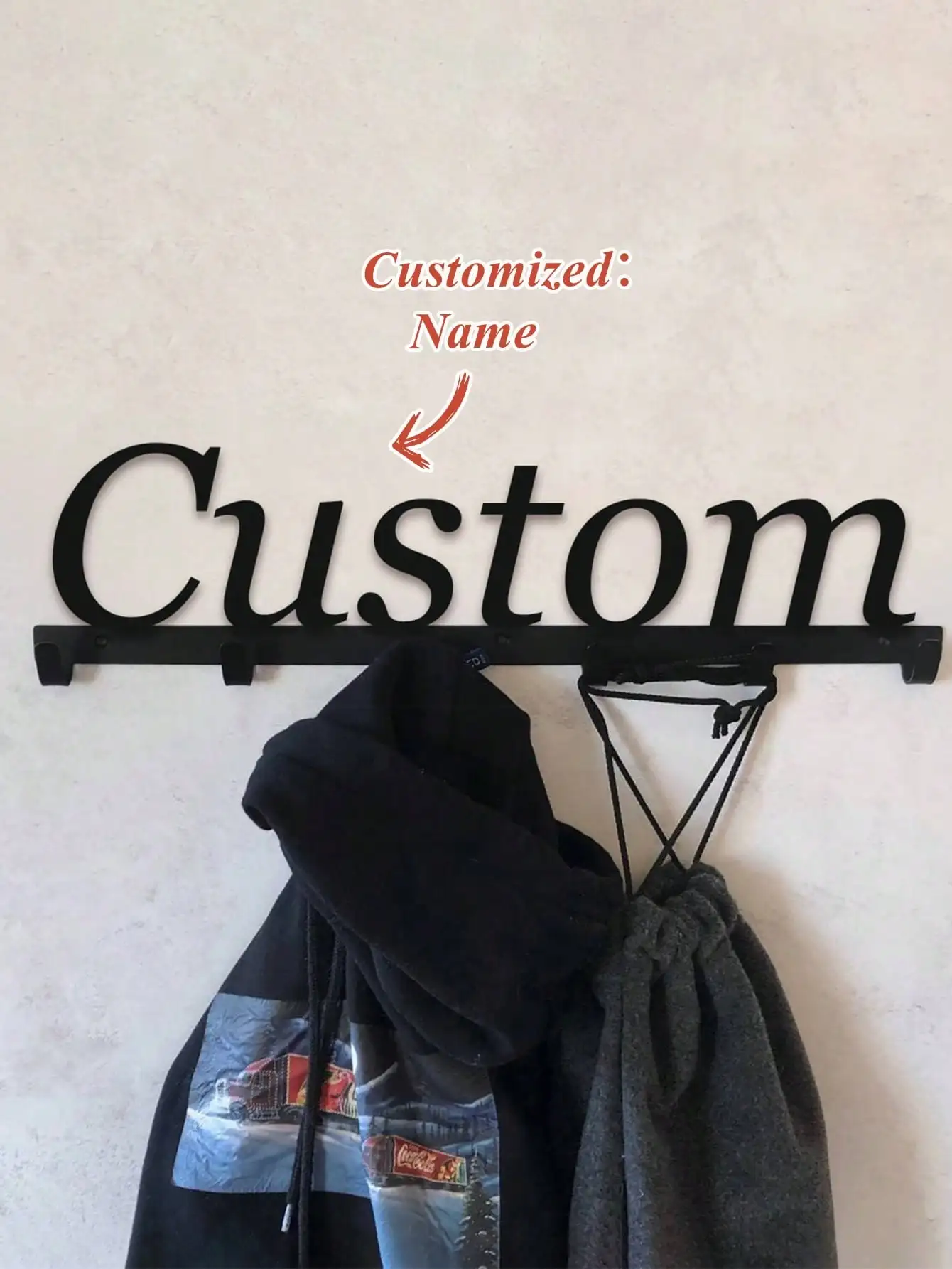

Personalized Metal Name Hook, Black Wall Mounted Key Holder for Entryway, Sturdy Coat Rack, Customizable Entry Organizer, Towel