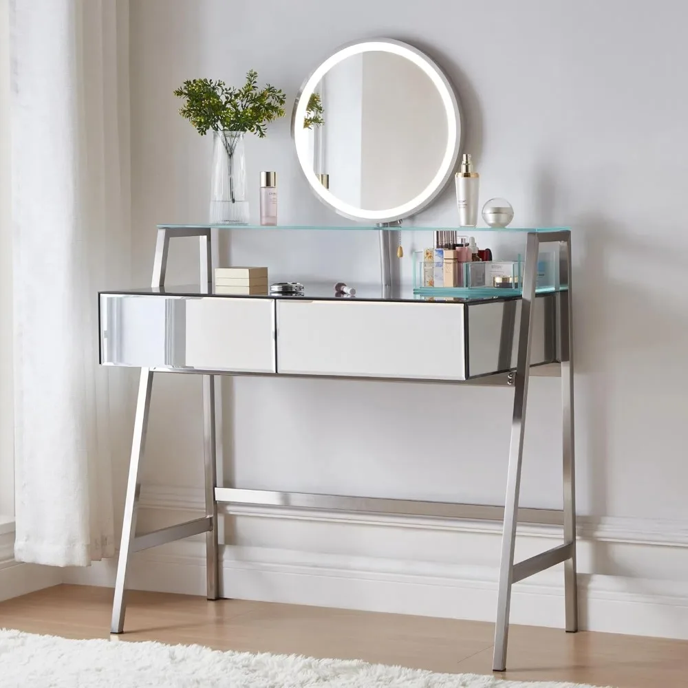 

contemporary 33.9 inch mirrored makeup vanity desk with illuminated mirror and storage, featuring 2 spacious drawers and open sh