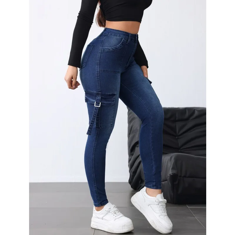 Celana Baggy Slim Wanita Celana Pendek Biru Ketat Wanita Pakaian Kerja Gaya Kasual Eropa dan Amerika Celana Jeans Elastis untuk Wanita