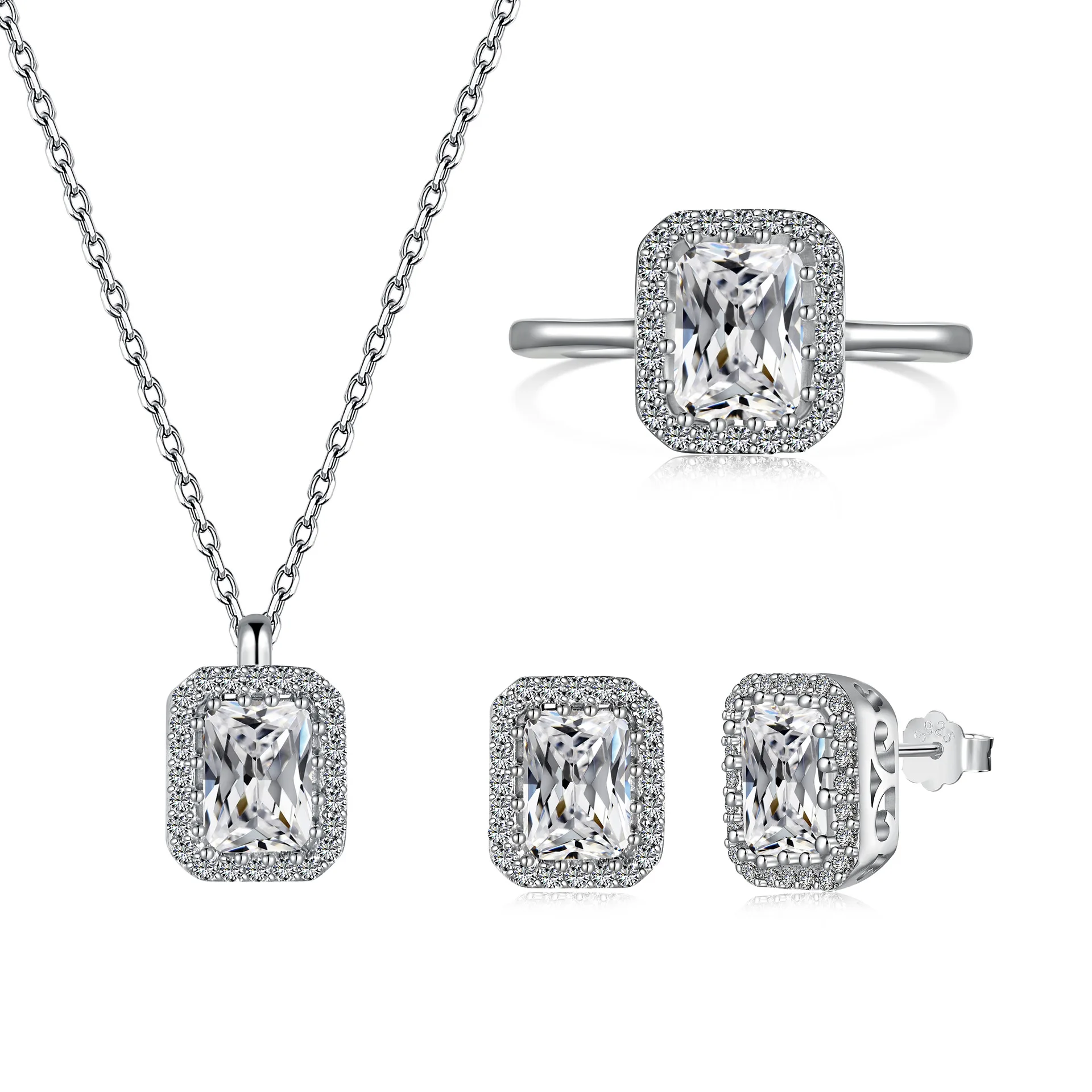 

925 Sterling Silver Women's Jewelry Set Square Zirconia Ring Earring Necklace Fine Jewelry Wholesale