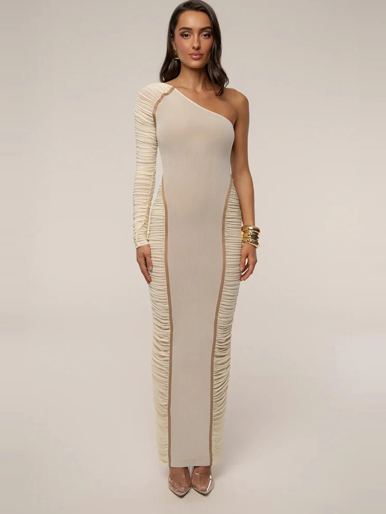 Elegancka sukienka maxi Sibybo z patchworkiem, odkrywająca ramiona, dopasowana, damska, seksowna, z asymetrycznym dekoltem, długim rękawem i odkrytymi plecami, idealna na wieczorne przyjęcia.