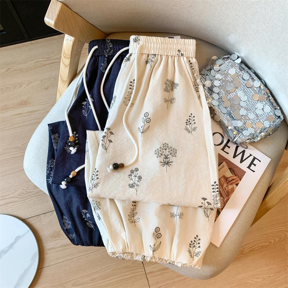 

Retro Print Lantern Pants Women Summer Thin Cotton Linen Casual Wide Leg Loose Trousers Harlan Baggy Pants Floral Pants