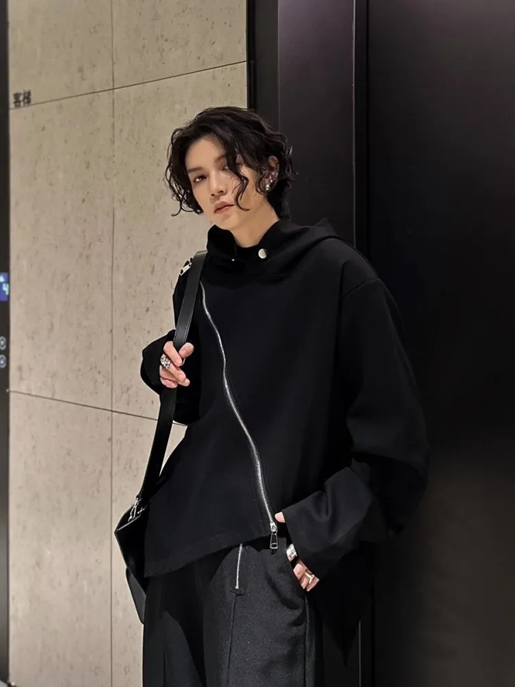 Spring Design Stand Collar Mens Gothic Pullover Hooded Jacket Long Sleeve Loose Fit Hip Hop Irregular Black Casual Tops Male