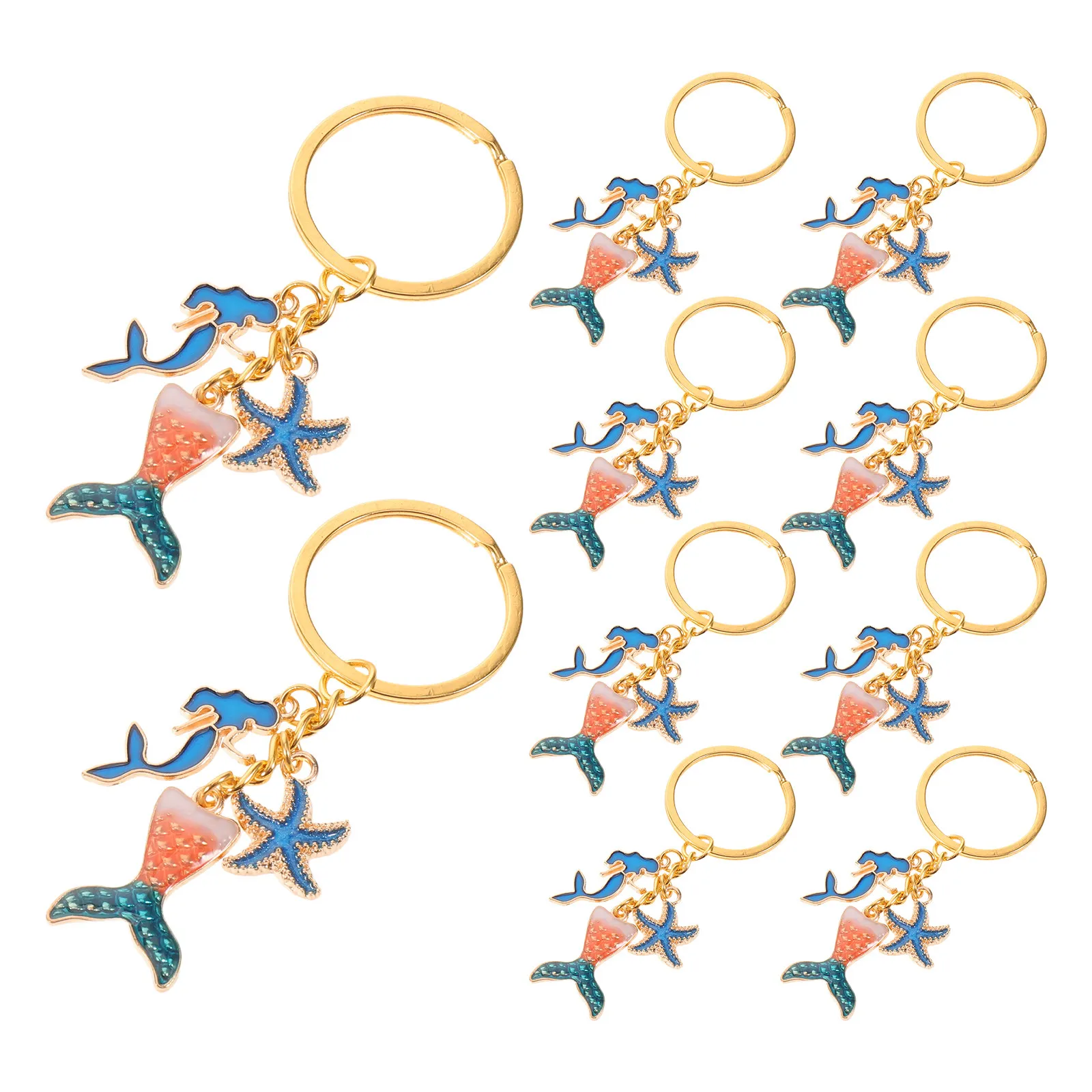10Pcs Mermaid Keychain Set Ocean Theme Metal Mermaid Tail Sea Star Bag Charms Party Favor Keyrings for Women Ocean Keychains