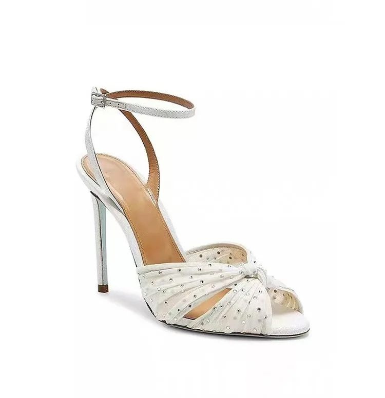 2025 Summer New Sexy Rhinestone Bling Bling Sandals Stiletto High Heels Women's Mesh Knotting Slingback Open Toe Buckle Sandals