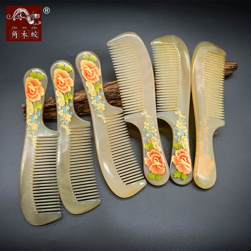 Horned wood with peony flowers, hand-painted lacquer comb for massage, health , and hair care