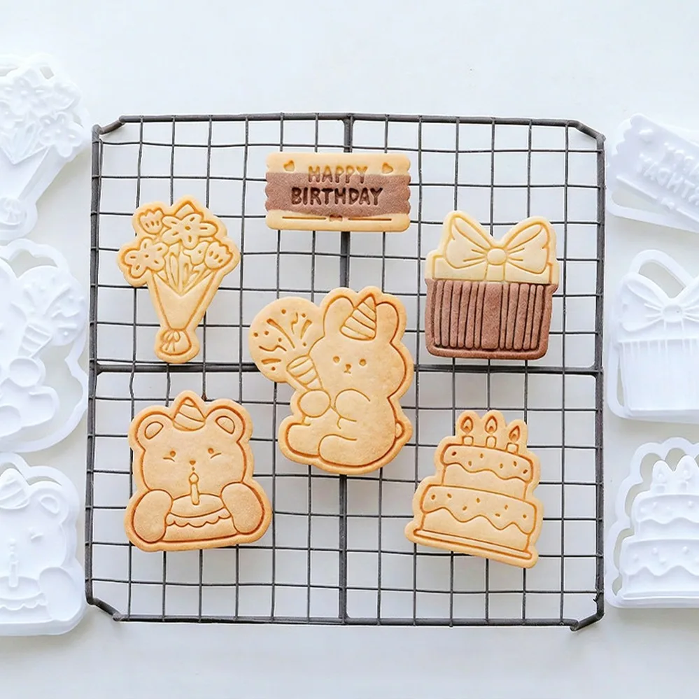 Happy Birthday Cartoon Animal Cookie Cutters Biscuit Mold Stamp Kitchen Baking Pastry Bakeware Dessert Baking Supplies