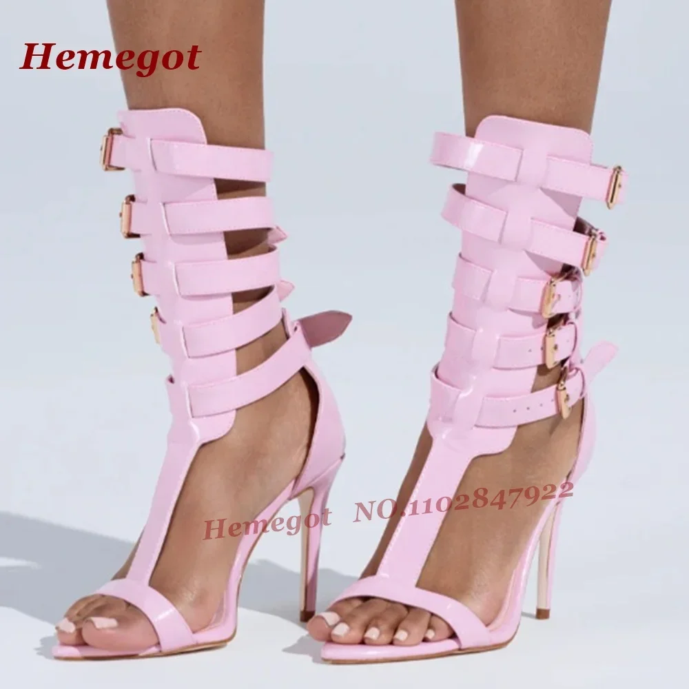 

Pink T-Straps Buckled Sandals Open Toe Belt Buckles Stiletto Women's Sandals Cut Out Summer 2025 New Luxury Party Shoes Sexy