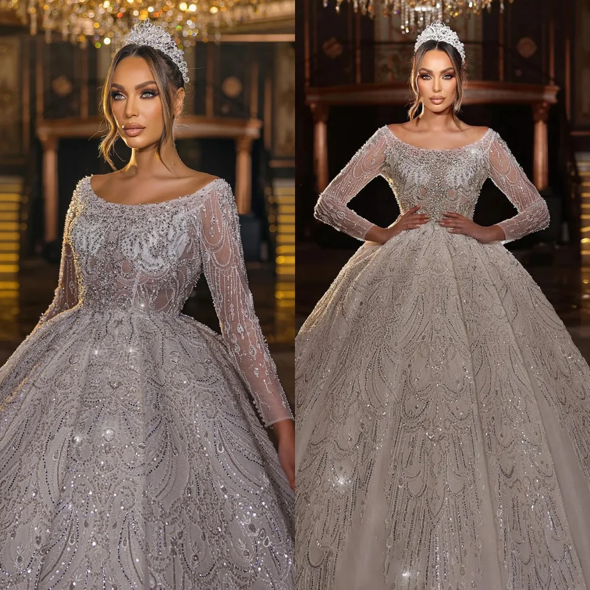 Luxury Wedding Dress O-Neck Ball Gown Sequins 3D Lace Appliques Beads Shine Bridal Gowns Vestina De Novia Plus Size Customized