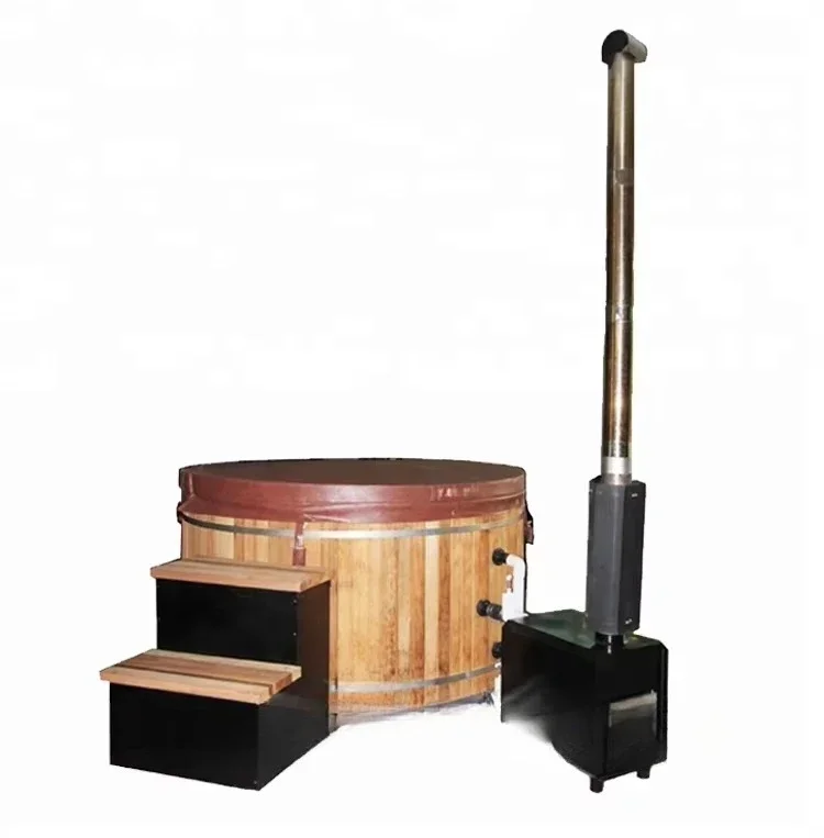 Newly designed wooden hot tub with combustion heater