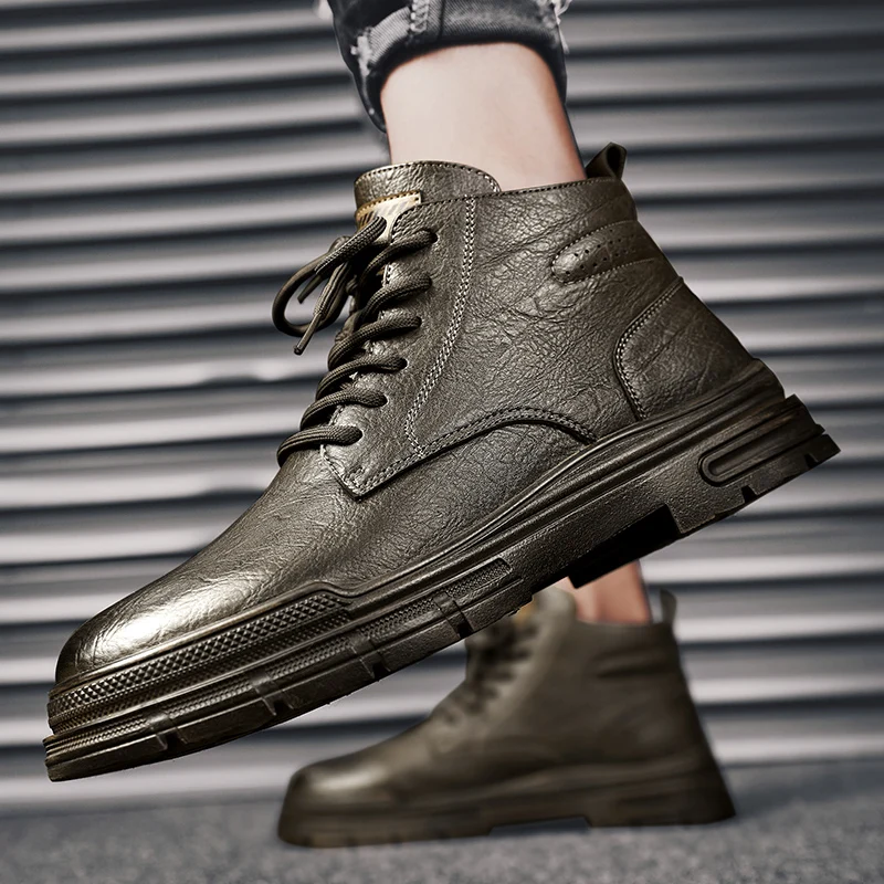 Autumn and Winter High Top Leather Shoes for Students Trendy Sports Leisure Leather Shoes, Flat Bottomed Non Slip Walking Shoes