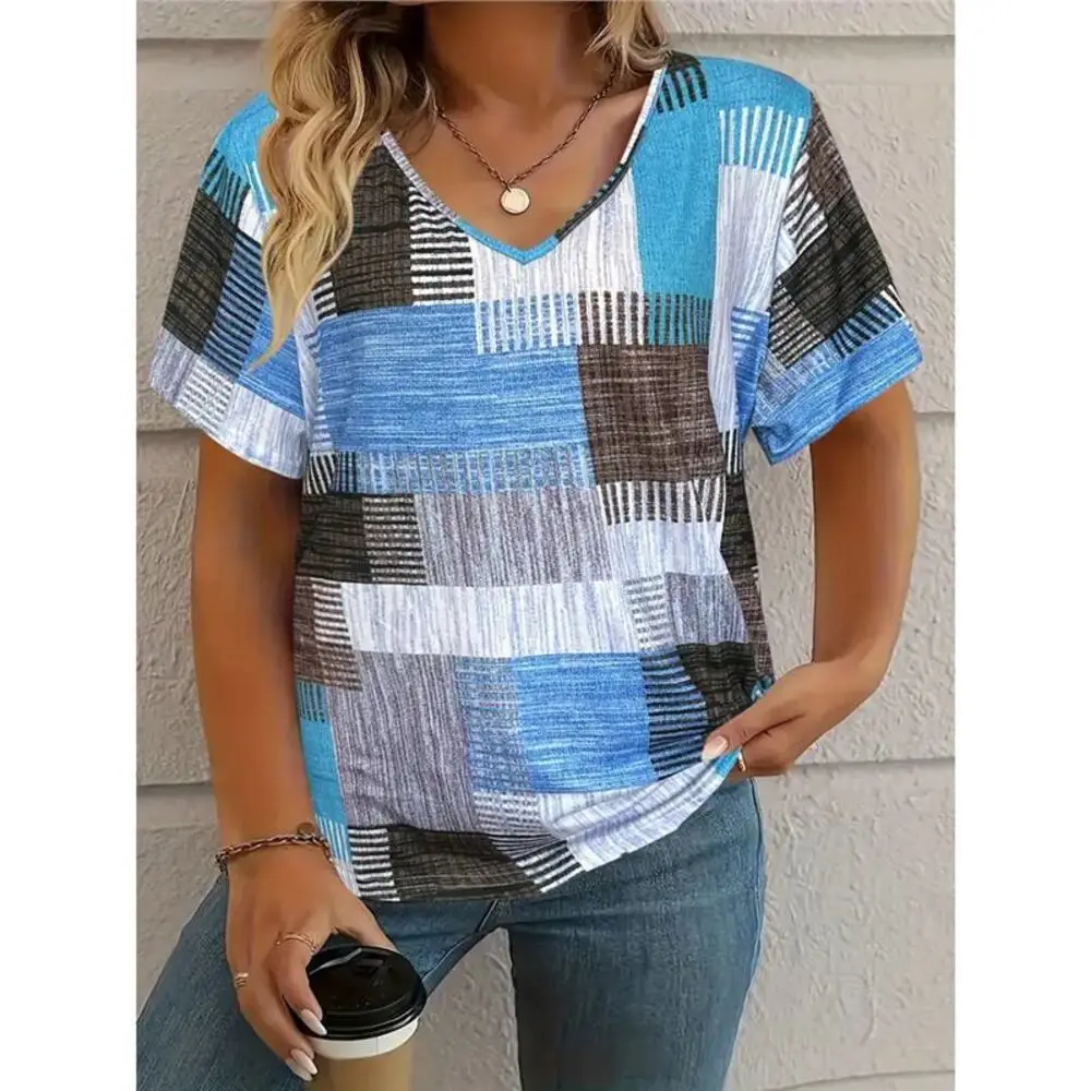 Y2k Fashion Casual T-shirt 2025 Woman Clothes Casual Square Pattern Printed Short-sleeved V-neck T-shirt Girls Spring Summer Top