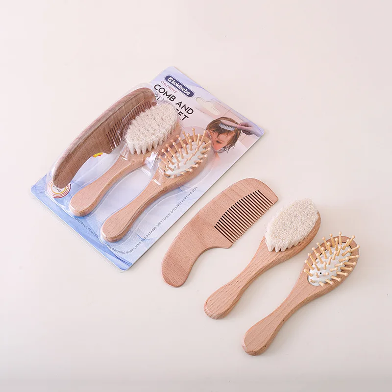 Hot Sale 2Pcs Baby Hair Brush & Comb Set, Natural Beech Wood Soft Wool Brush Newborn Scalp Massager Baby Shower Gift