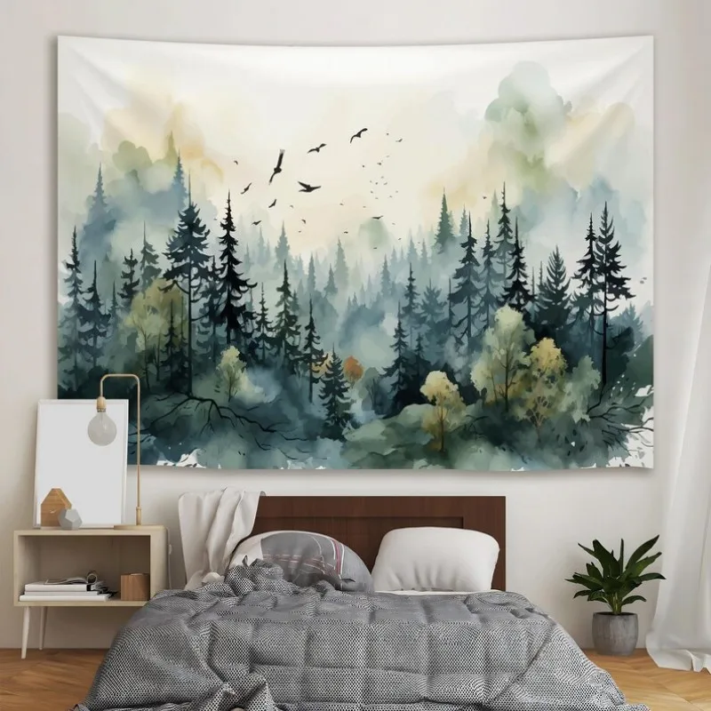 VIKAMA Watercolor Forest Tapestry Polyester Wall Hanging Aesthetic Pine Tree Tapestry for Bedroom Living Room Home Decor