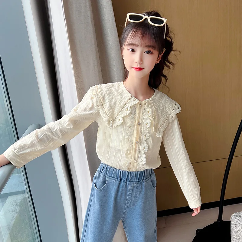 New Girls Blue Beige Blouse Fall Cute Long Sleeves Children Cotton Shirts Girl Blouses Teenager School Clothes Kids Tops 6 8 10Y