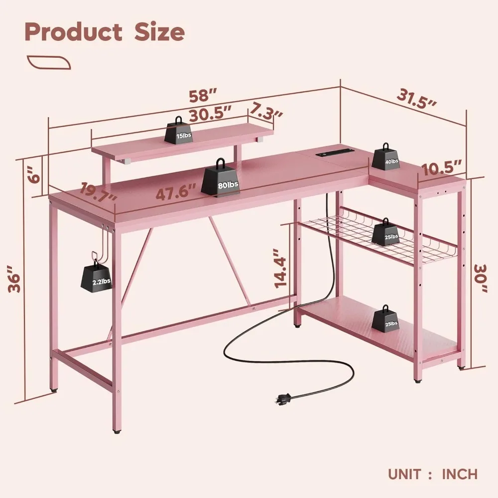 مكتب ألعاب على شكل حرف L من Bestier مع منافذ طاقة، مكتب زاوية صغير LED مع أرفف تخزين قابلة للعكس، مكتب كمبيوتر وردي مع #3