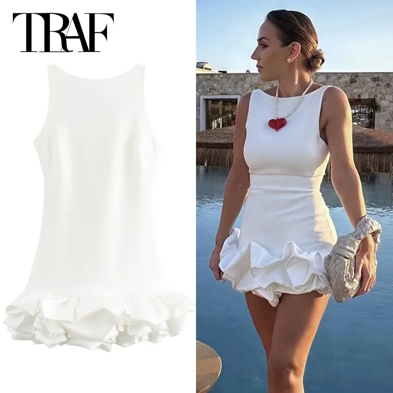 TRAF 2024 Womens Dresses Ruffled Slip Dress Backless Short Dresses O-Neck Sleeveless Ruched Camisole White Slim Casual Vestidos